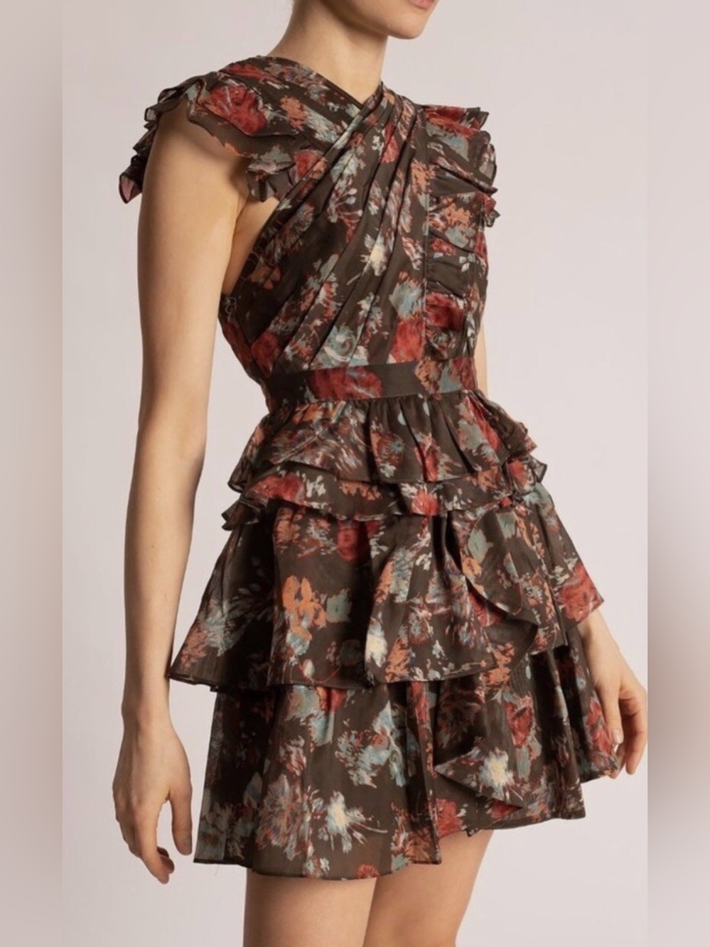 Ulla Johnson Sarafina Floral Organza Mini Silk Blend Ruffle Dress Fern Green 2